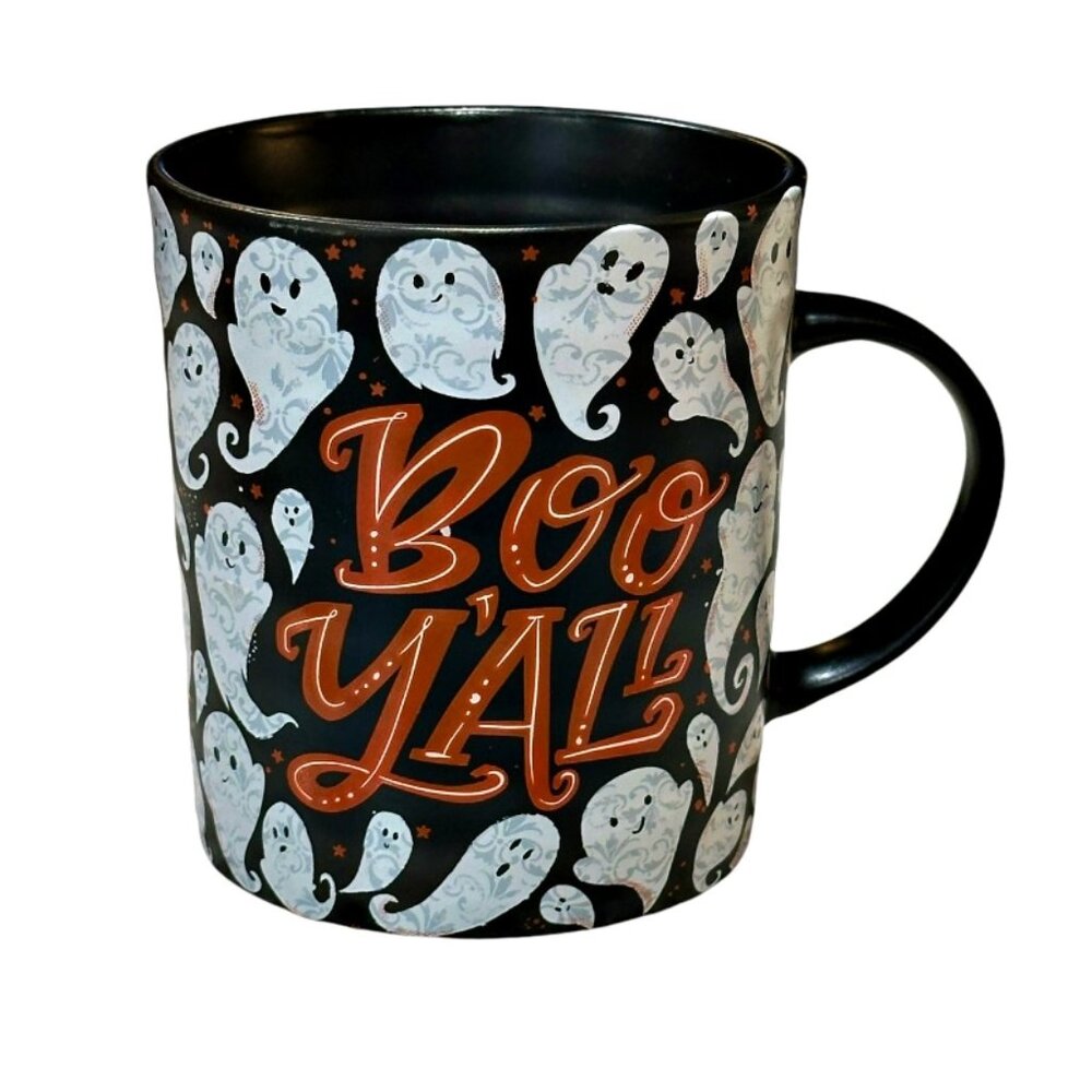 Austin Ash Halloween Ghosts Large Black Ceramic Coffee Mug Boo Y'all 20 Ounce